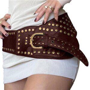 Brown Wide Studded Vegan Leather Belt Waist Cinch Belt Antique Style Gold Buckle